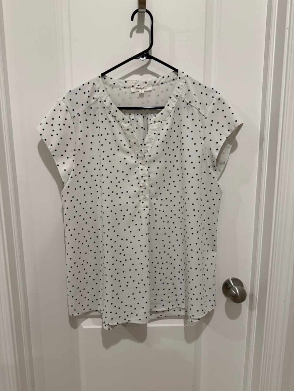 White Polka Dot Short Sleeve Henley Blouse